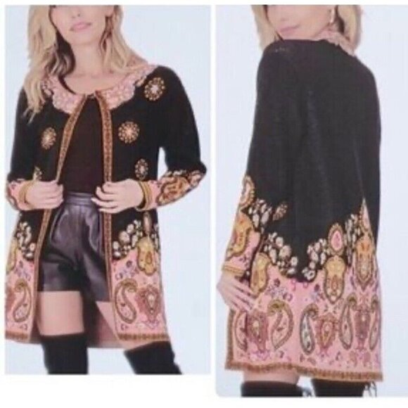 Max Sport Woman's Sz M Black Pink Gold Paisley Floral Long Duster Cardigan - Picture 11 of 11